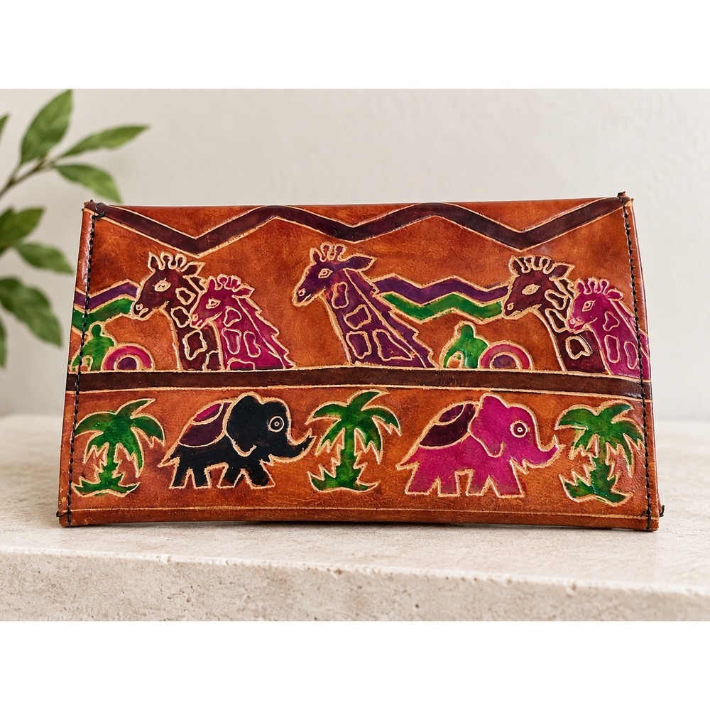 Unbranded Hand Painted Leather Animal Clutch Wallet Elephant Giraffe India Boho